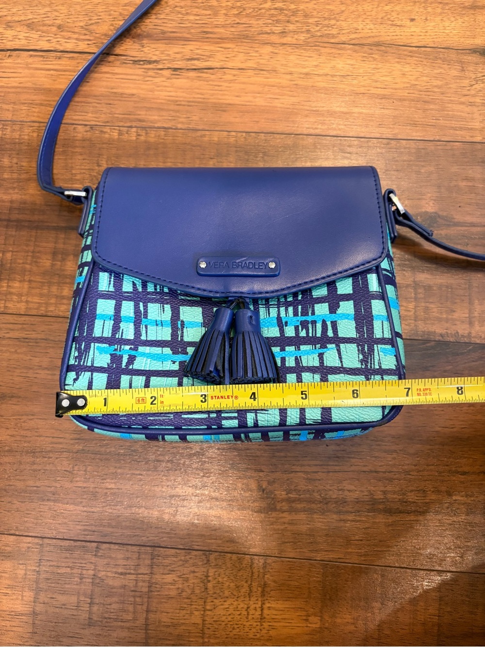 VERA BRADLEY Tassel Crossbody Purse Navy Teal Art Plaid Faux Leather - Picture 8 of 10